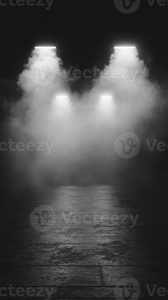 Mysterious fog-filled space illuminated by bright lights in a dark environment photo