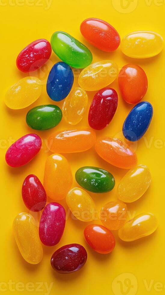 Colorful assortment of jelly beans arranged on a vibrant yellow background for a cheerful treat photo