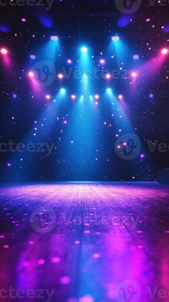Colorful stage lighting creates an enchanting atmosphere at a performance venue during evening hours photo