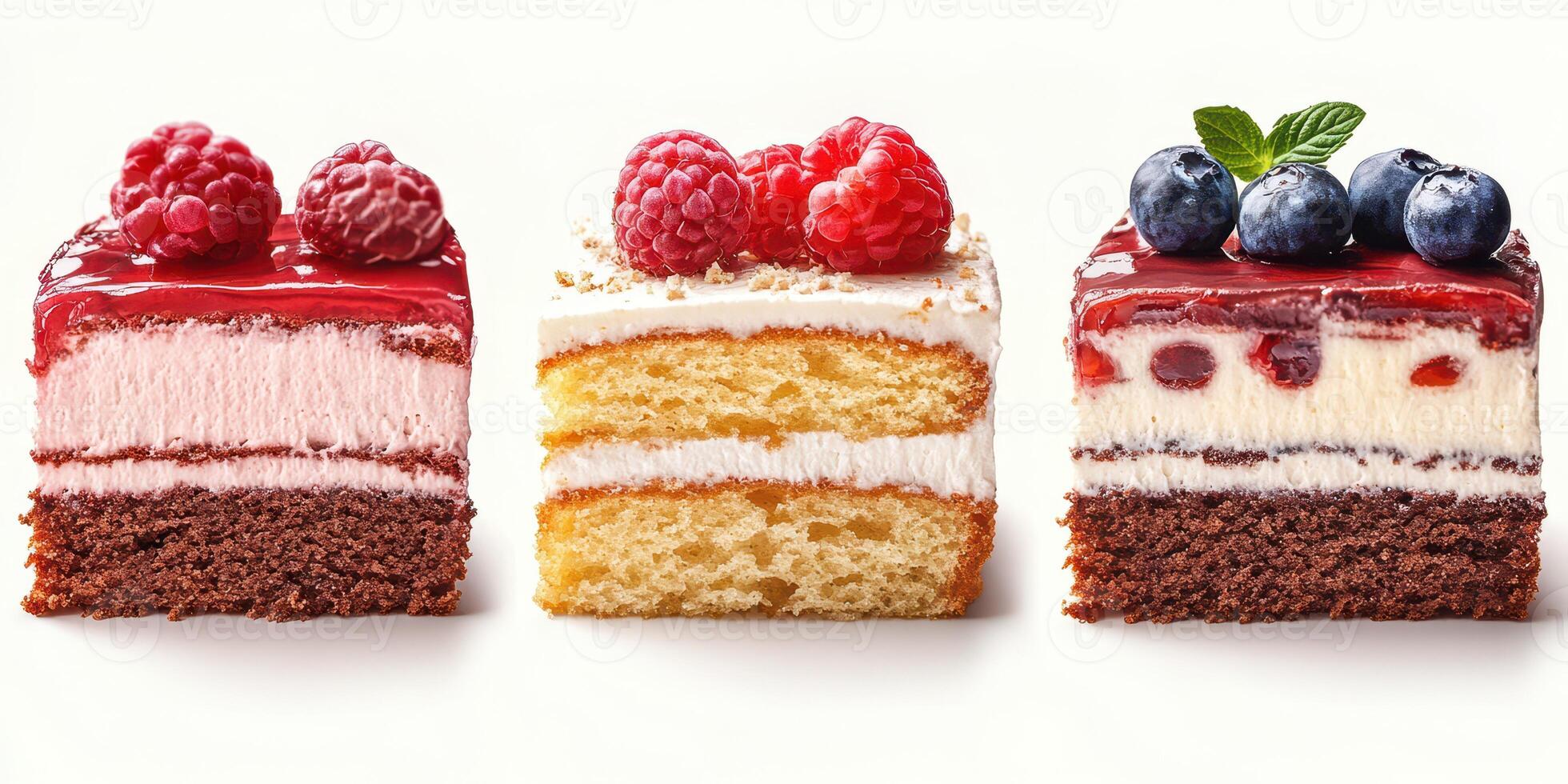 Delicious dessert squares with raspberry and blueberry toppings presented on a light background photo