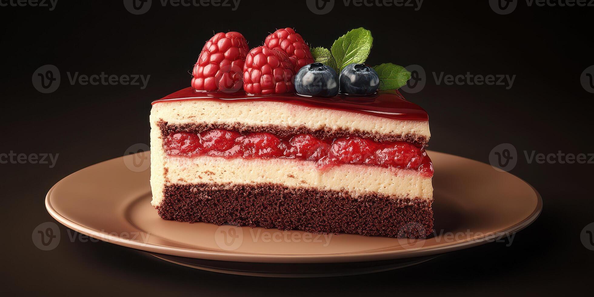 Delicious layered dessert with raspberries and blueberries displayed on a plate photo