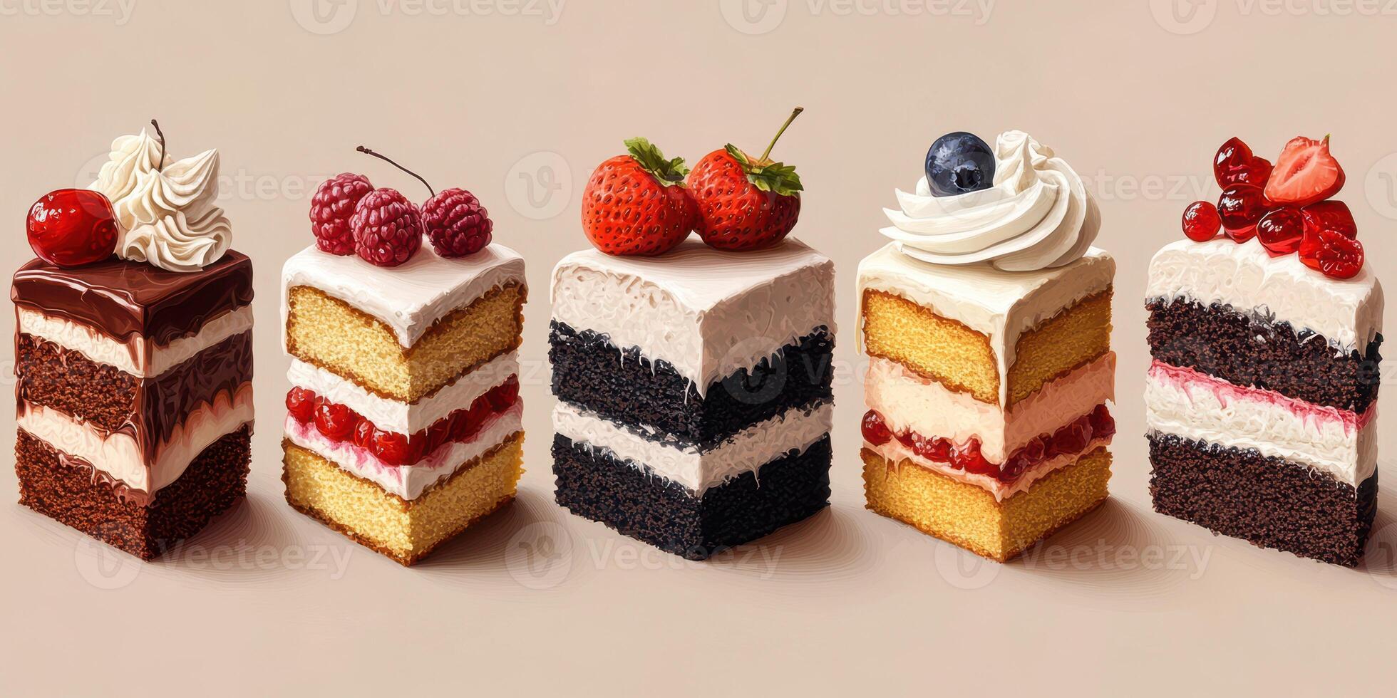 Delicious assortment of colorful cake slices with fresh berries on top photo
