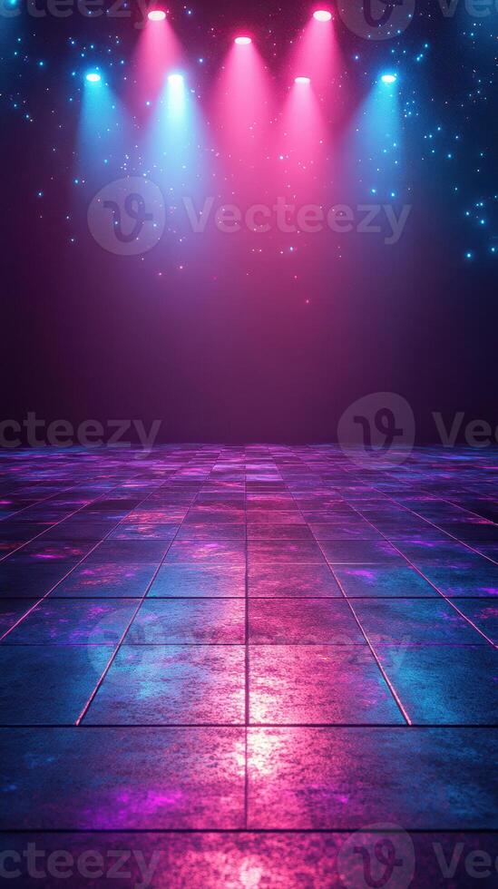 Colorful stage lights illuminate an empty dance floor in a dimly lit venue at night photo