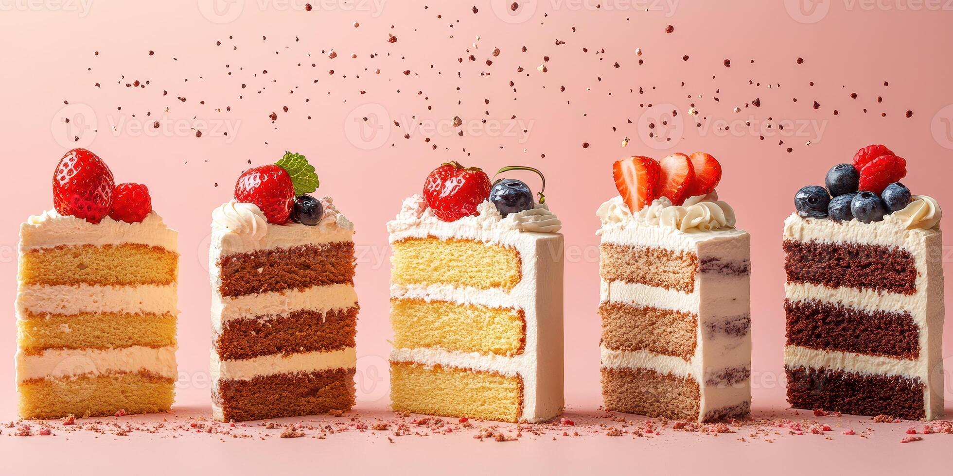 Delightful selection of layered cakes decorated with fresh fruit against a pastel backdrop photo