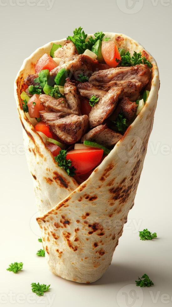 Delicious wrap filled with grilled meat, fresh vegetables, and herbs presented on a neutral background photo