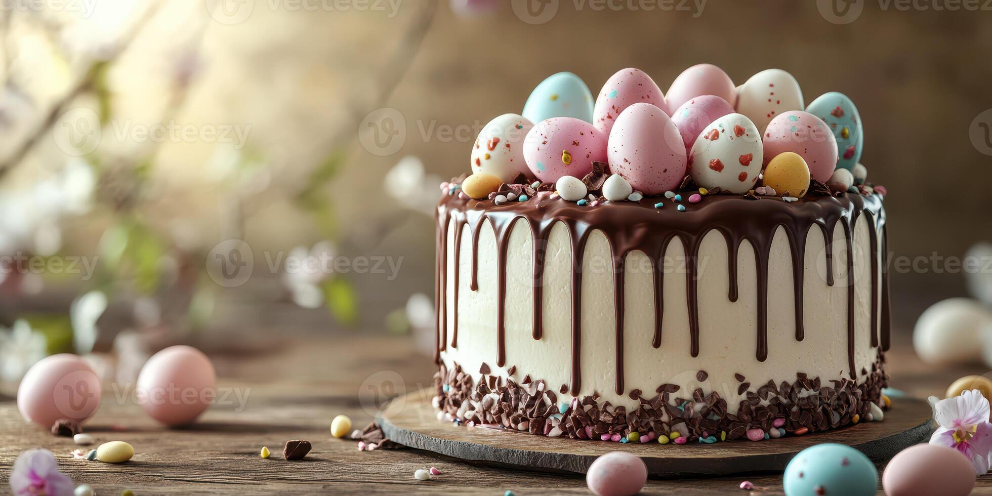 Celebration cake adorned with colorful eggs and chocolate drizzle for Easter festivities photo