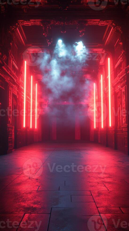 Vibrant illuminated space showcasing neon lights and atmospheric fog during an evening event photo