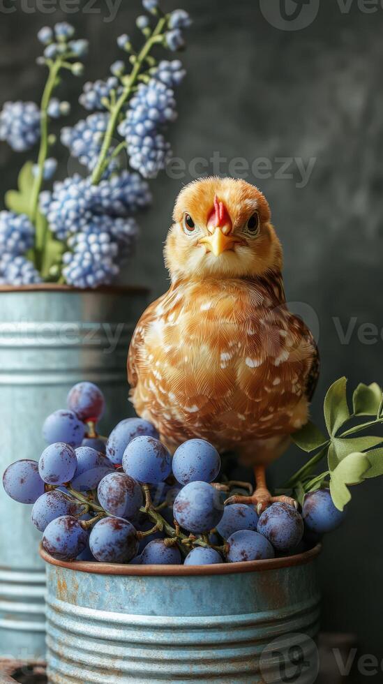 Colorful bird perched on a cluster of ripe blue grapes with flowers in rustic metal pots on a textured backdrop photo