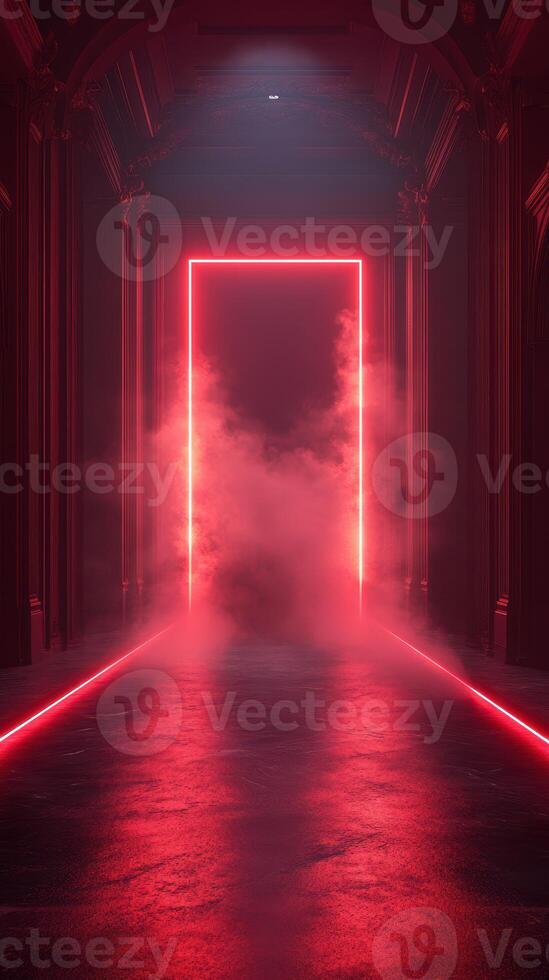 Mysterious hallway illuminated by red neon lights with fog effects creates an eerie atmosphere at night photo
