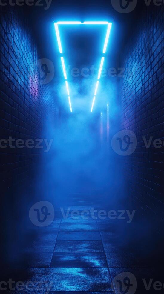 Mysterious blue-lit corridor filled with fog at night showcases a surreal urban atmosphere photo