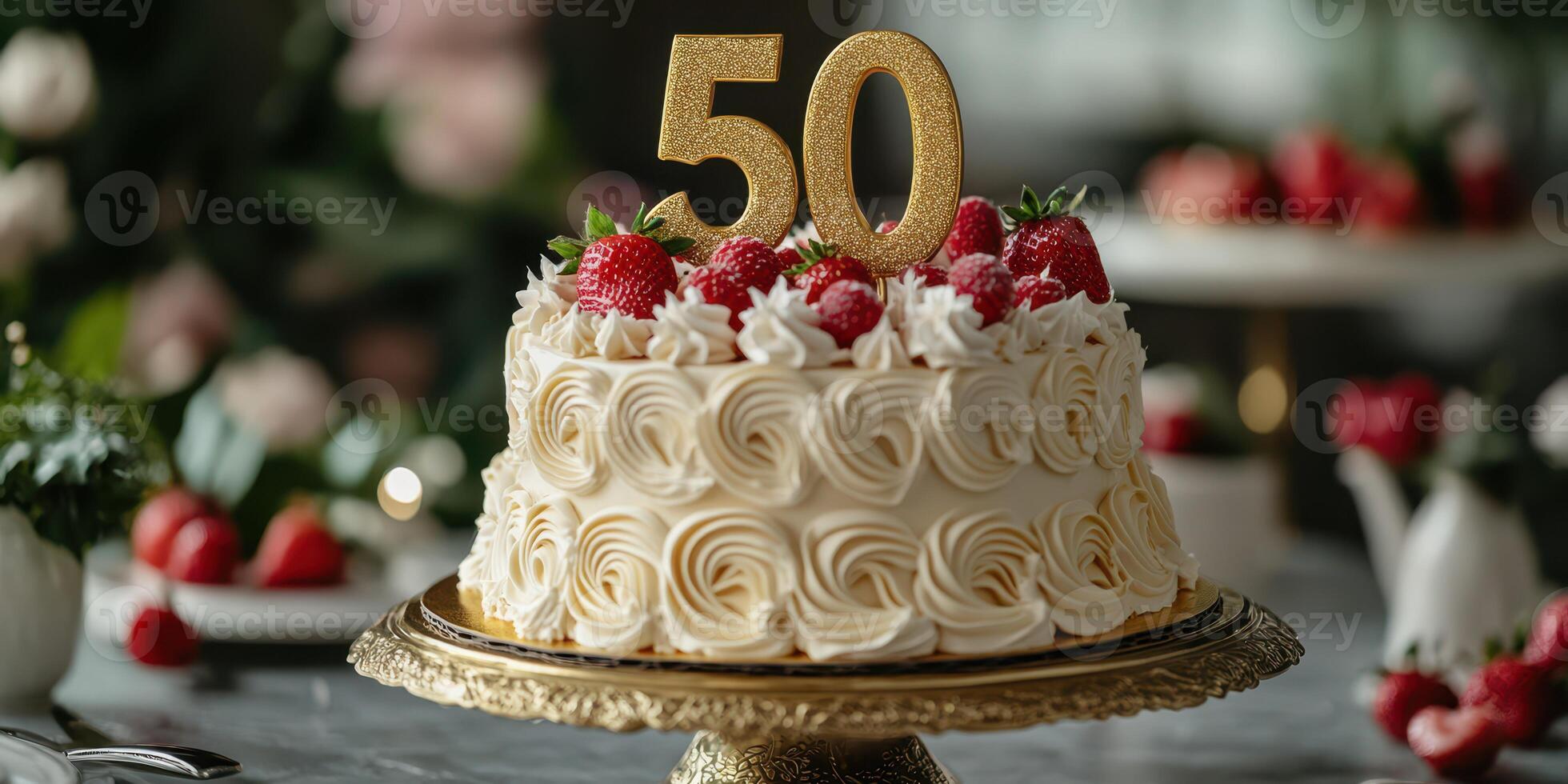 Celebration cake adorned with strawberries and a golden 50 for a milestone event photo