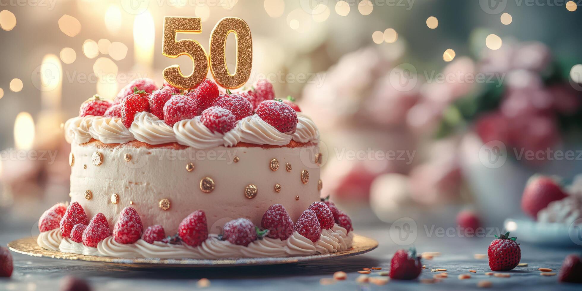Delicious cake decorated with raspberries and a golden 50 birthday topper set in a festive atmosphere photo