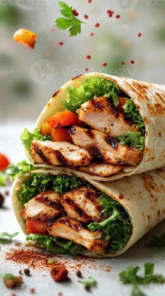 Grilled chicken wraps with fresh vegetables in a flavorful tortilla served on a rustic table photo
