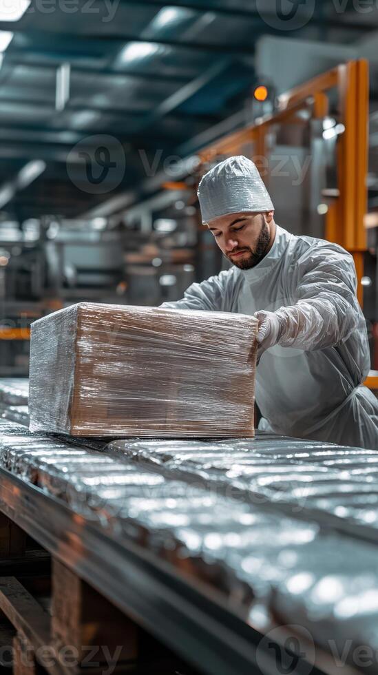 Worker prepares packaged goods in a busy warehouse during evening hours for efficient distribution in the logistics sector photo