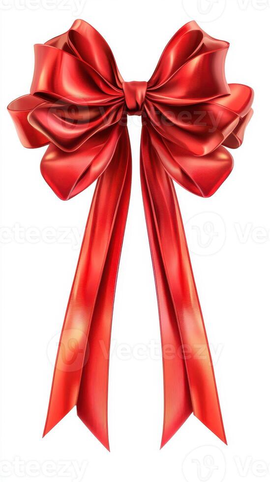 Decorative red ribbon bow with flowing tails for festive occasions or gifts photo
