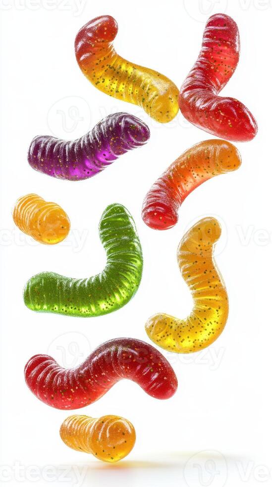 Colorful gummy worms suspended in mid-air showcasing various flavors in a bright setting photo