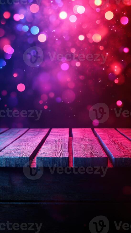 Vibrant bokeh lights and wooden surface create striking atmosphere for event decoration photo