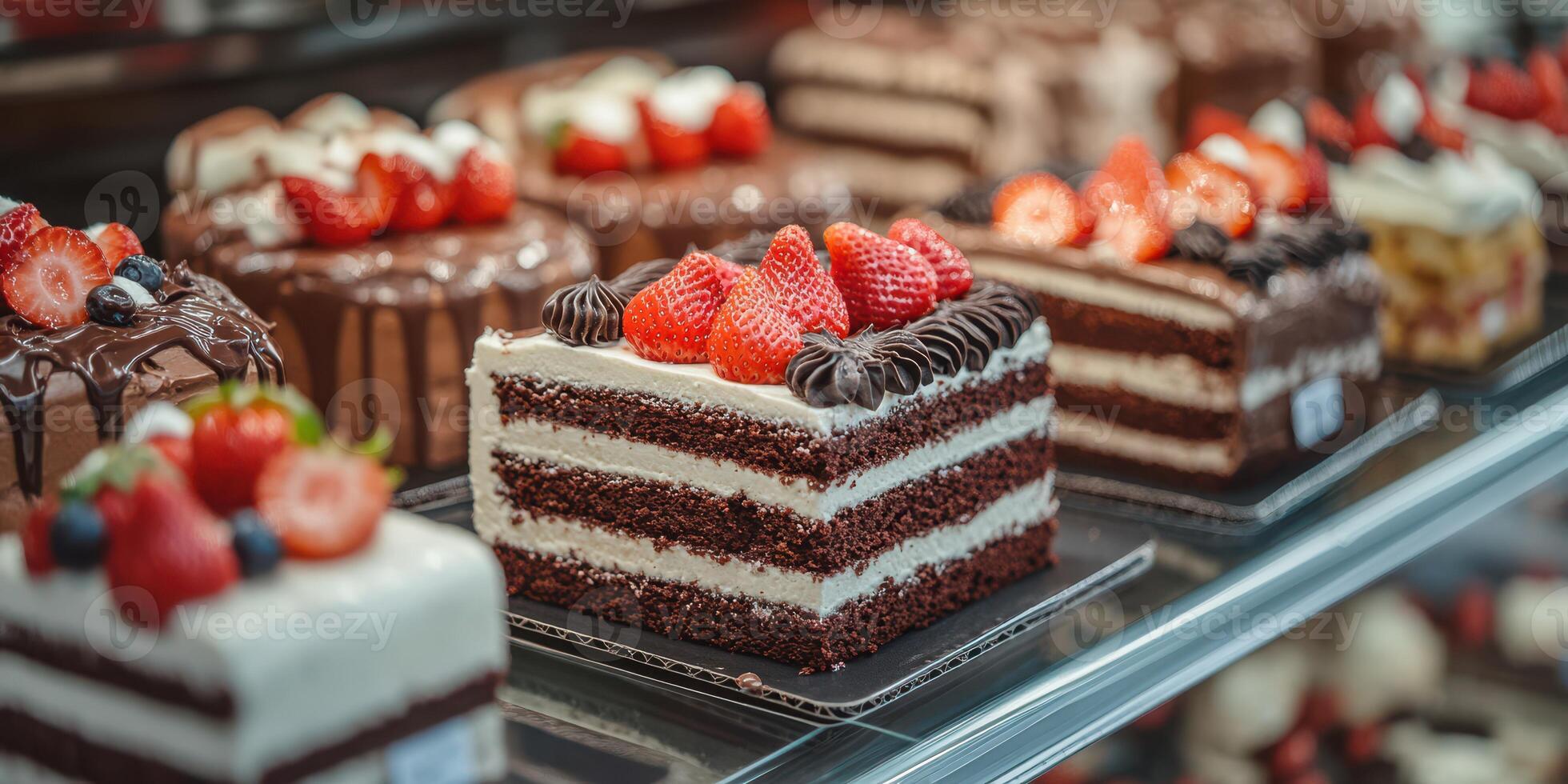 Delicious layers of chocolate and cream topped with fresh strawberries displayed in a bakery case photo