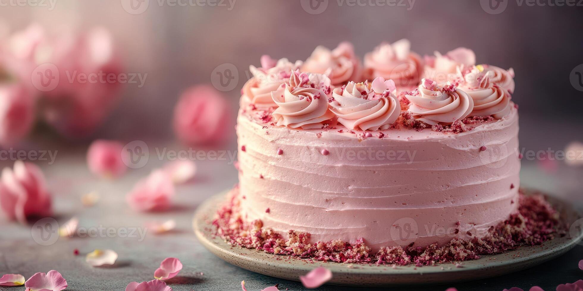 Delicious pink cake adorned with rose decorations and delicate petals on a rustic table photo