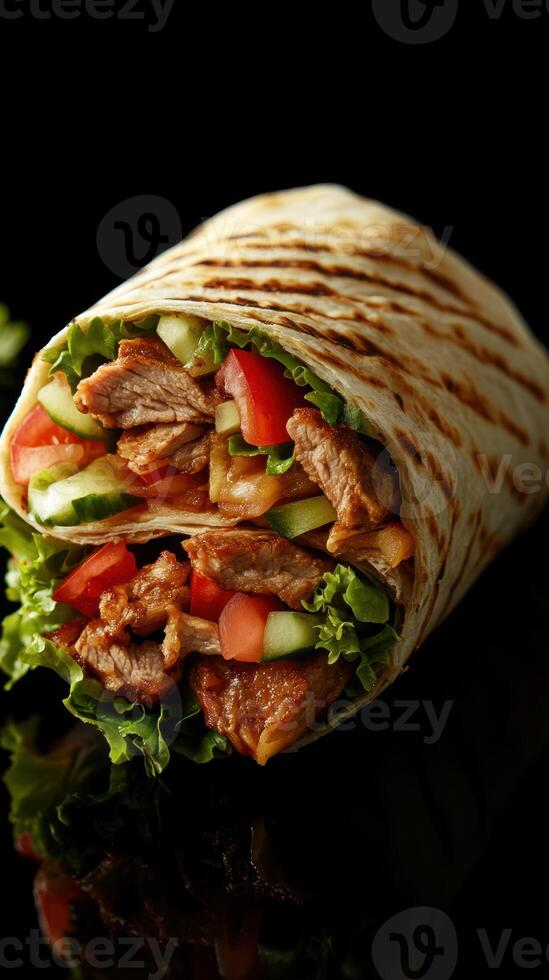 Freshly made wrap filled with marinated beef, fresh vegetables, and crisp lettuce on a dark surface photo