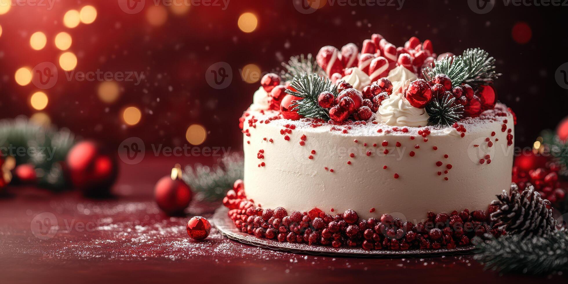Festive holiday cake adorned with red berries and candy canes on a winter-themed table setting photo