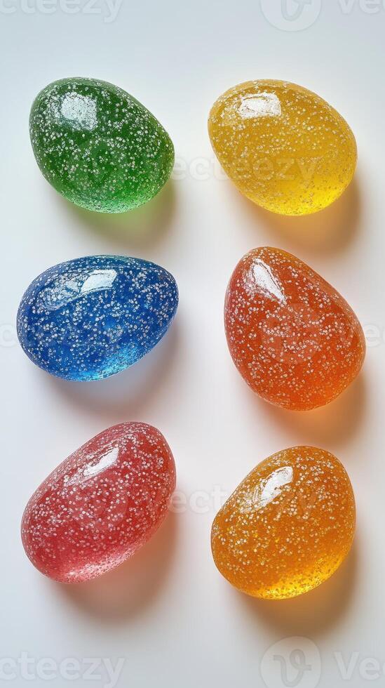 Colorful gelatin eggs with sparkling texture displayed on a white surface in bright lighting photo