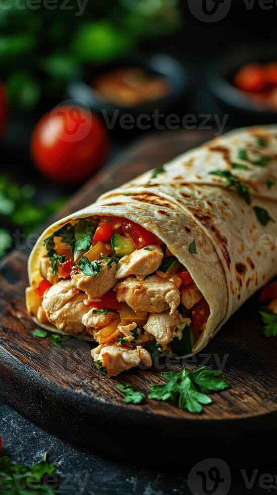 Delicious chicken wrap filled with fresh vegetables and herbs served on a wooden board in a rustic setting photo