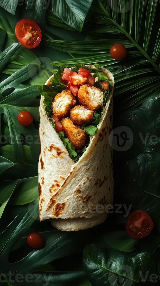 Crispy chicken wrap with fresh greens and tomatoes presented on vibrant tropical leaves photo