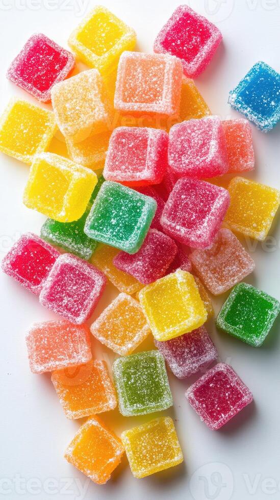 Colorful assorted gummy candies spread out on a white surface showcasing their vibrant hues and sugary texture photo