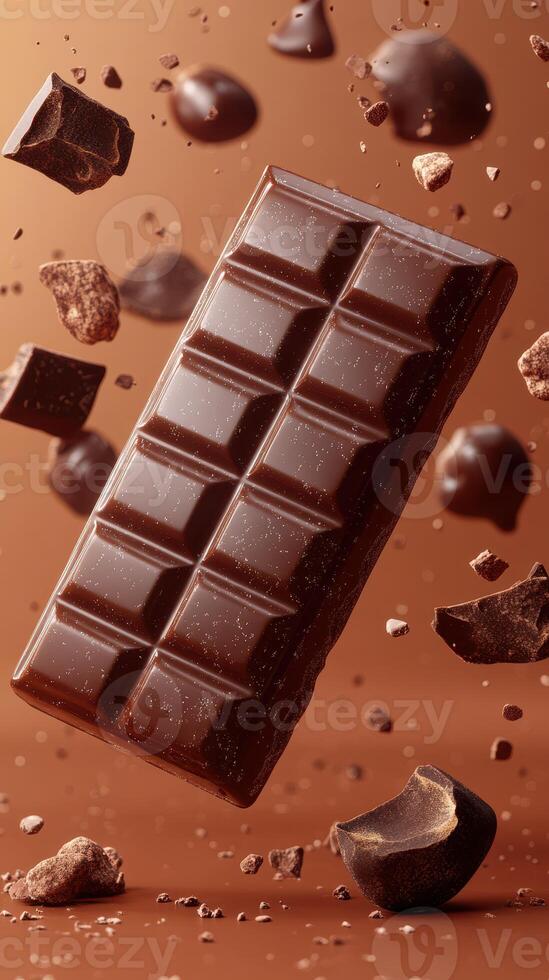 Rich chocolate bar soaring through the air with chocolate pieces scattered around in a warm background setting photo