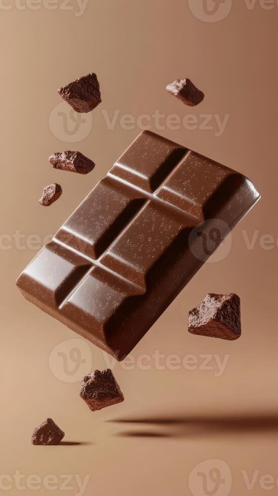 Floating chocolate bar surrounded by chocolate chunks against a simple brown background photo