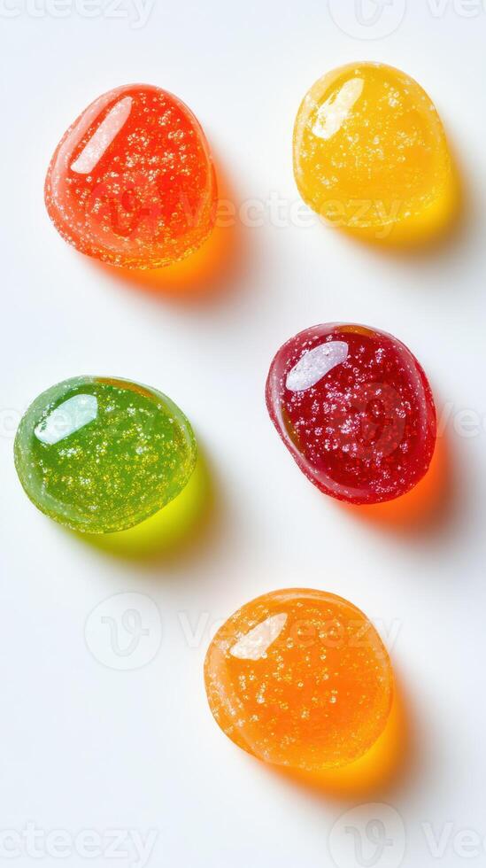 Colorful gummy candies arranged on a white surface, showcasing vibrant hues and shapes photo