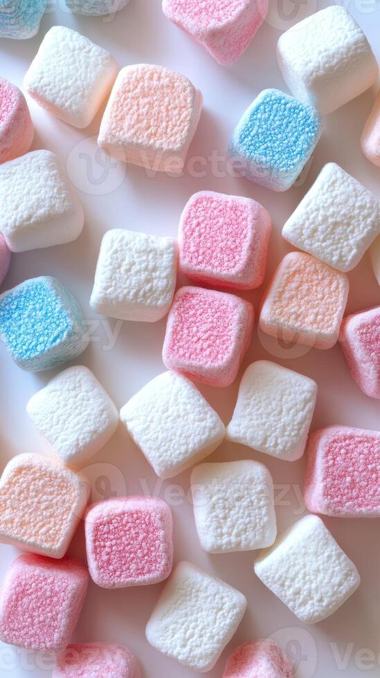 Colorful marshmallows scattered on a white surface create a sweet and vibrant display perfect for dessert decorating photo