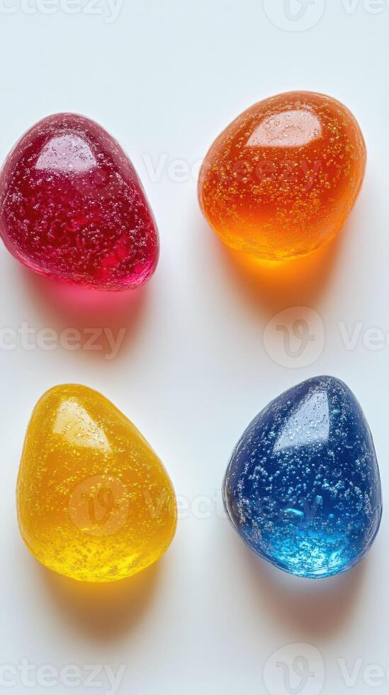 Colorful gelatin candies arranged artistically on a white surface with varying textures and shapes photo