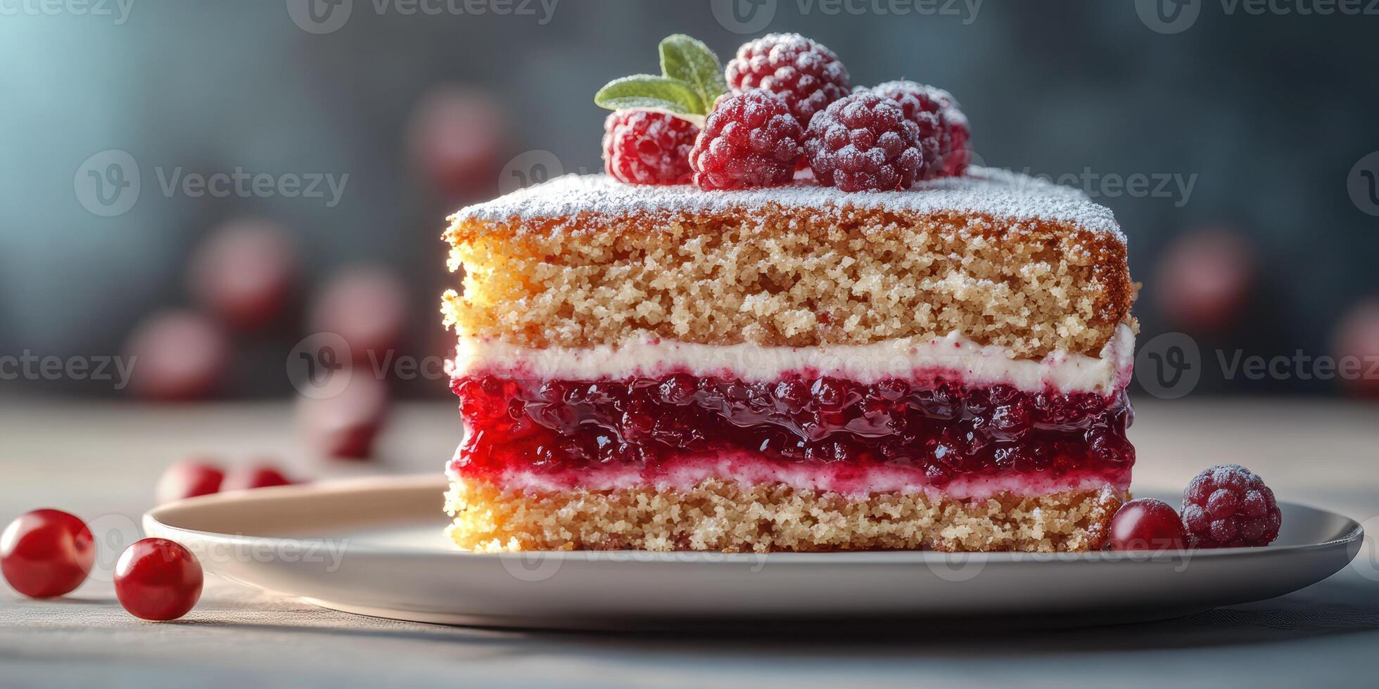Delicious layered cake with raspberry filling and frosting displayed on a plate photo