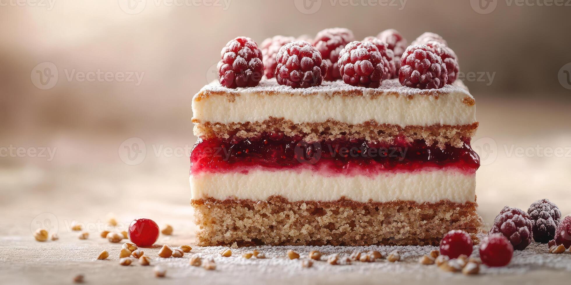 Delicious raspberry layered dessert served on wooden table with a soft focus in the background photo
