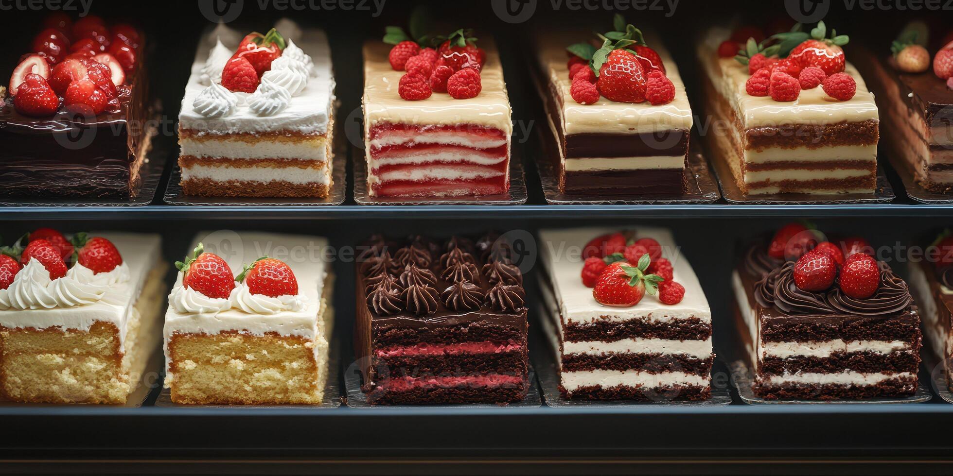 Delicious assorted pastries with fresh strawberries displayed in a bakery showcase in the afternoon photo