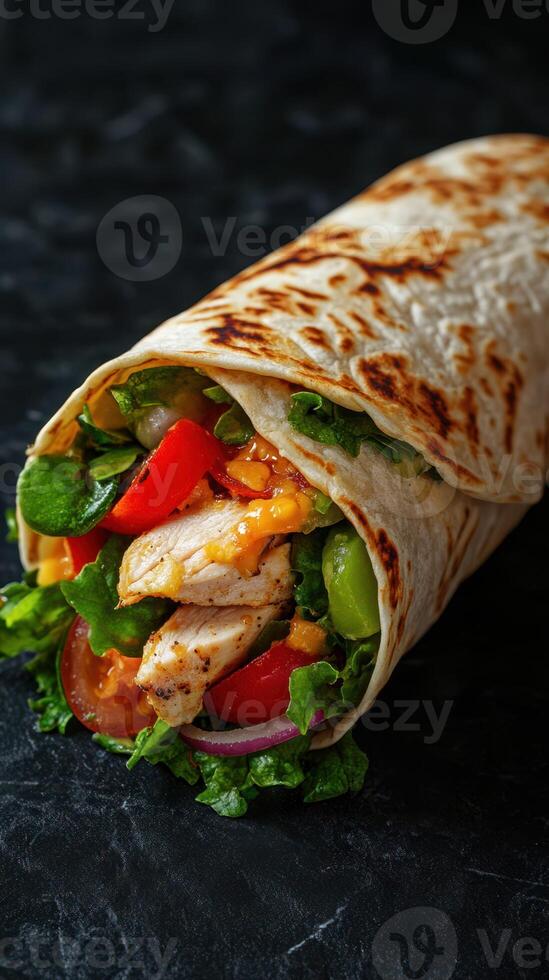 Freshly made chicken wrap with colorful vegetables enjoyed in a casual dining setting photo