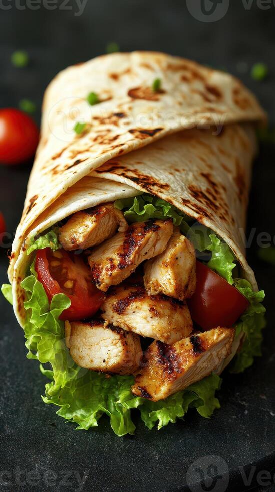 Delicious grilled chicken wrap with fresh vegetables, perfect for a quick and healthy meal option photo