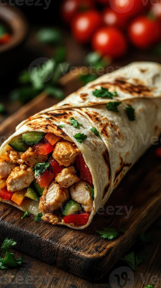 Delicious chicken wrap loaded with fresh vegetables on a wooden surface with cherry tomatoes in the background photo