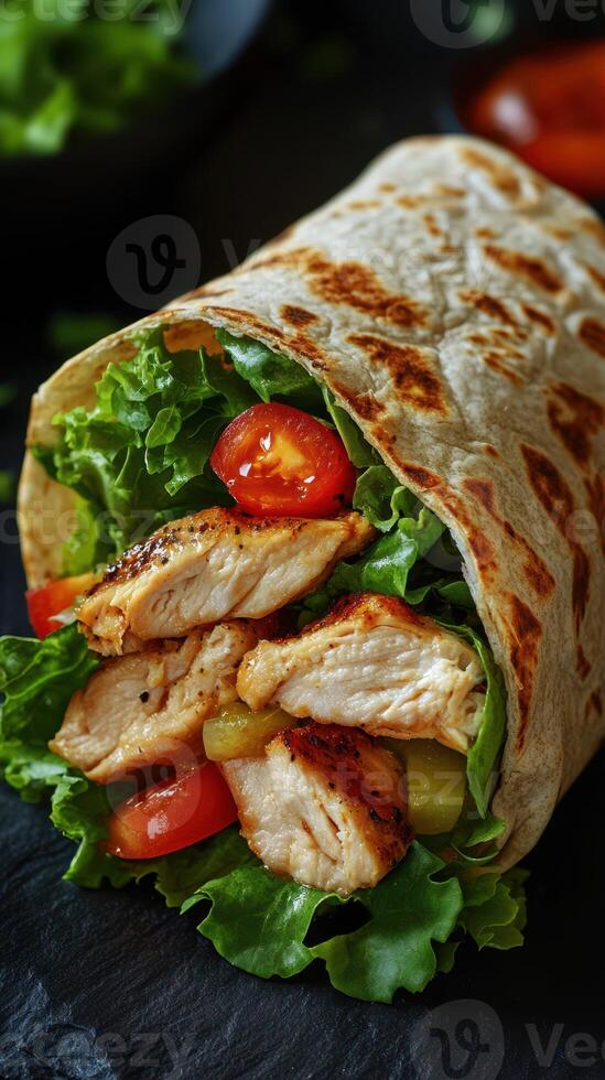 Fresh grilled chicken wrap with lettuce and tomatoes on a dark surface during a casual dining experience photo