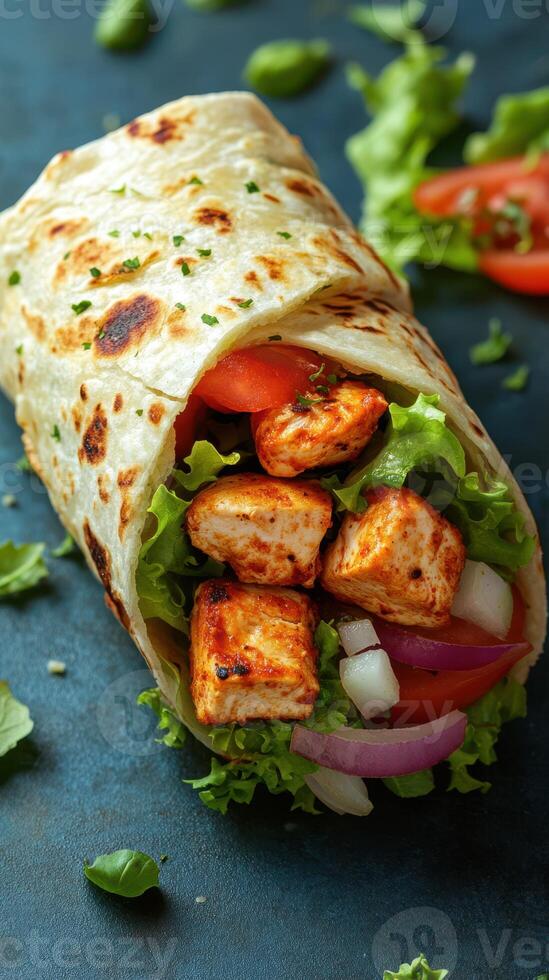 Freshly made wrap with grilled chicken and vegetables prepared in a kitchen setting photo