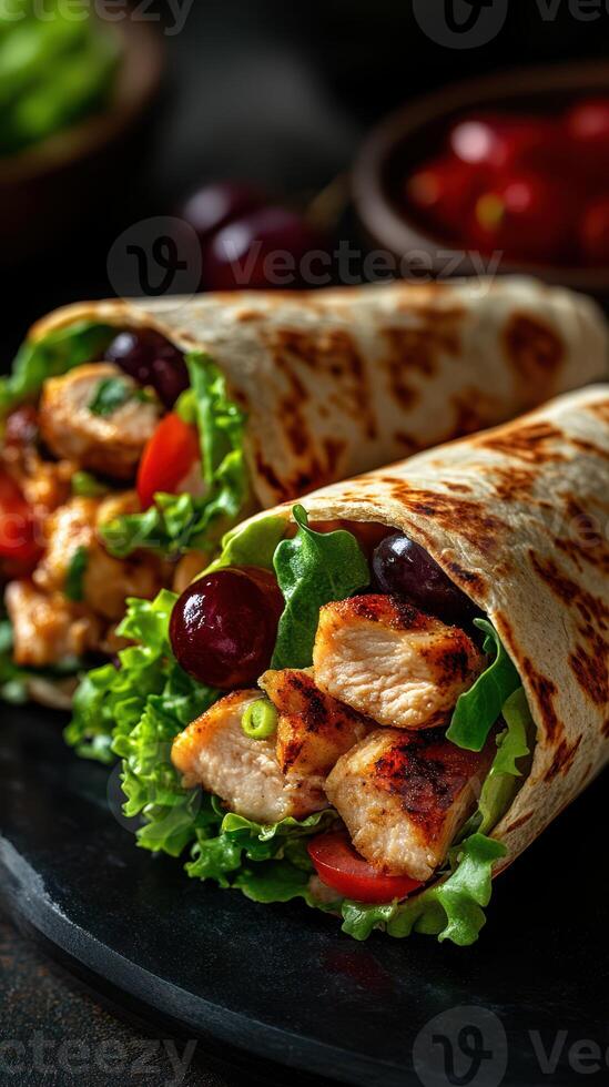 Grilled chicken wraps filled with fresh ingredients and served on a dark table setting photo