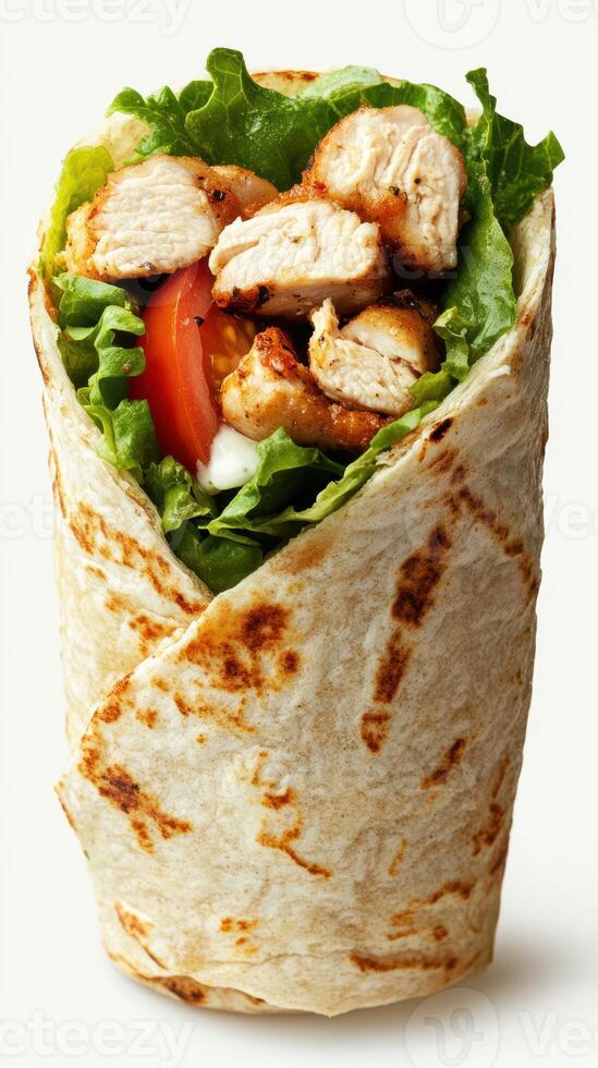 Fresh grilled chicken wrap with lettuce and tomato served in a warm tortilla photo