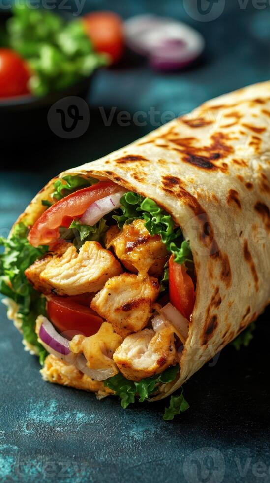 Freshly made chicken wrap filled with vegetables served on a dark background photo