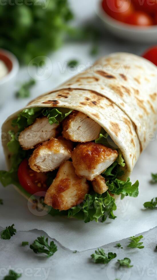Freshly made chicken wrap with crisp lettuce and ripe tomatoes served on a marble countertop photo