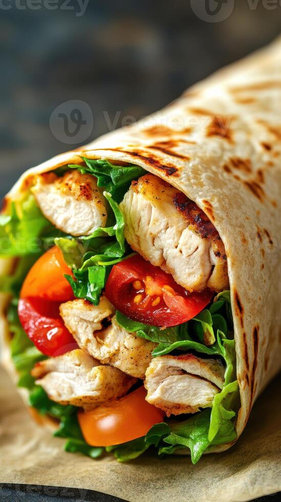 Delicious grilled chicken wrap with fresh vegetables and warm tortilla served on a rustic surface photo