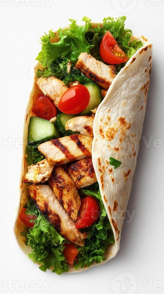 Fresh grilled chicken wrap with crisp vegetables and vibrant toppings ready to enjoy photo