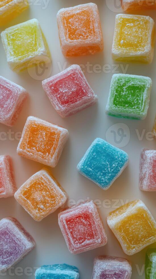Colorful gummy candies arranged in an appealing manner on a white surface photo