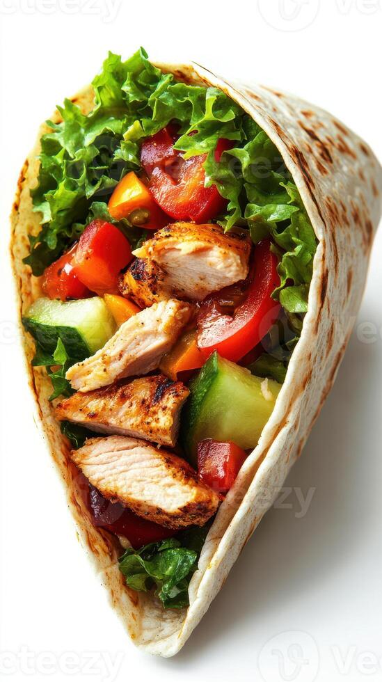 Delicious chicken wrap filled with fresh vegetables, served in a soft tortilla for a healthy meal option photo